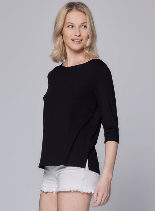 T-shirt Noir Manches 3/4 Col Bateau en Viscose et Élasthanne - MAJESTIC FILATURES