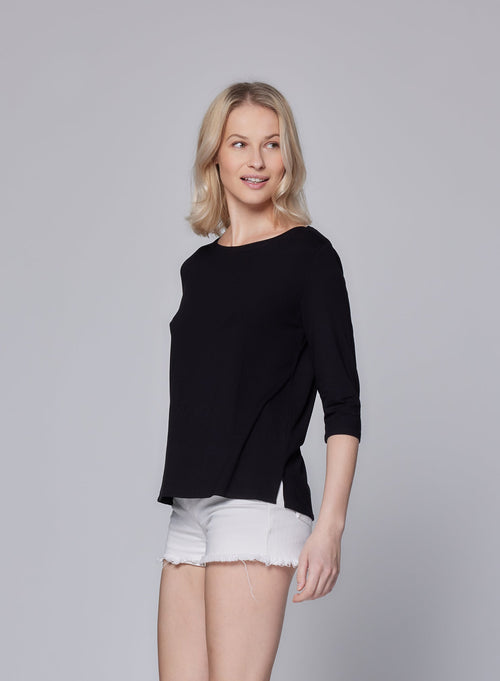 T-shirt Noir Manches 3/4 Col Bateau en Viscose et Élasthanne - MAJESTIC FILATURES