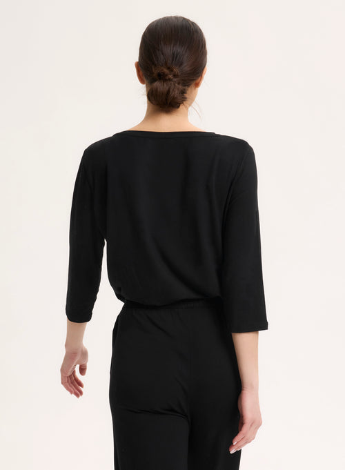 Black T-shirt 3/4 Sleeves Boat Neck in Viscose and Elastane - MAJESTIC FILATURES