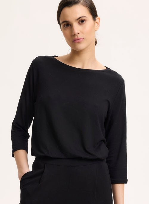 Black T-shirt 3/4 Sleeves Boat Neck in Viscose and Elastane - MAJESTIC FILATURES