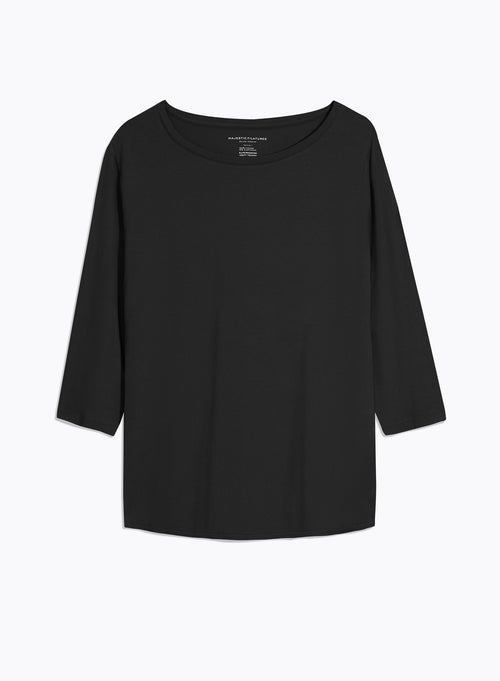 Black T-shirt 3/4 Sleeves Boat Neck in Viscose and Elastane - MAJESTIC FILATURES