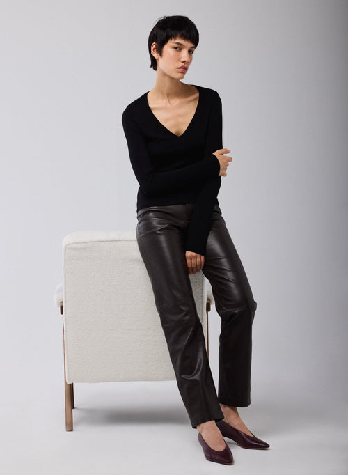 Schwarz T Shirt V Ausschnitt Lange Ärmel Viskose Elasthan   - MAJESTIC FILATURES