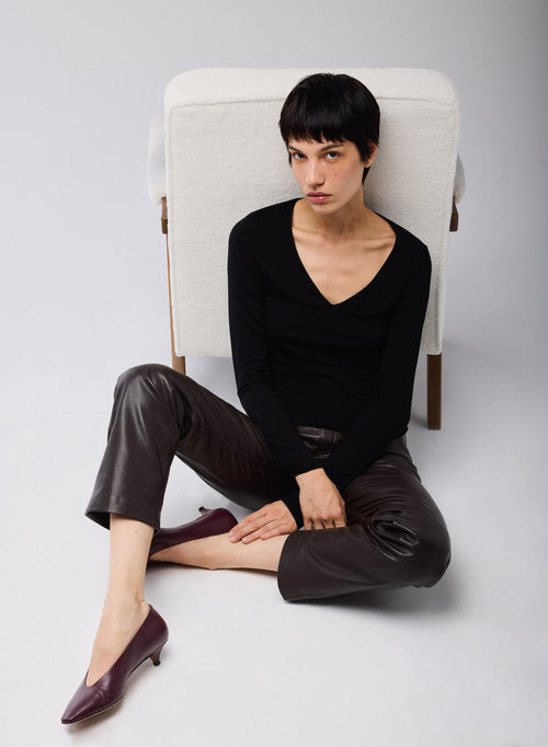 Schwarz T Shirt V Ausschnitt Lange Ärmel Viskose Elasthan   - MAJESTIC FILATURES