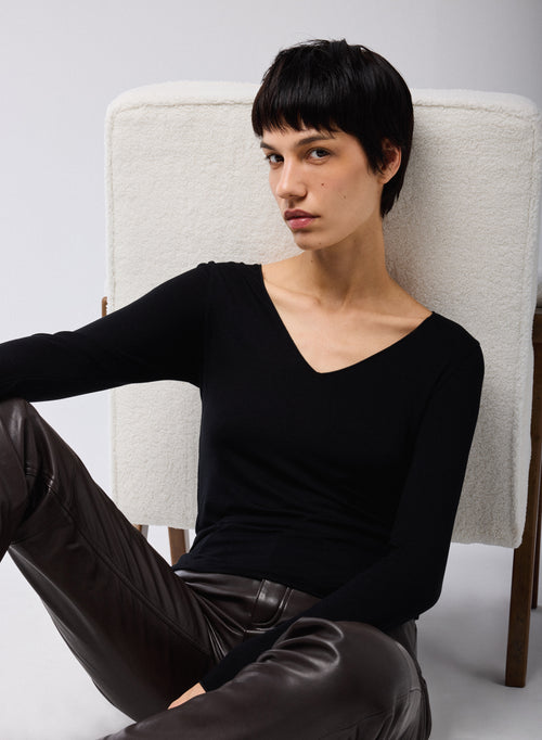 Schwarz T Shirt V Ausschnitt Lange Ärmel Viskose Elasthan   - MAJESTIC FILATURES