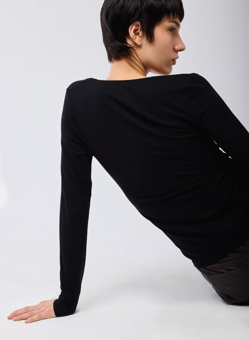 Schwarz T Shirt V Ausschnitt Lange Ärmel Viskose Elasthan   - MAJESTIC FILATURES