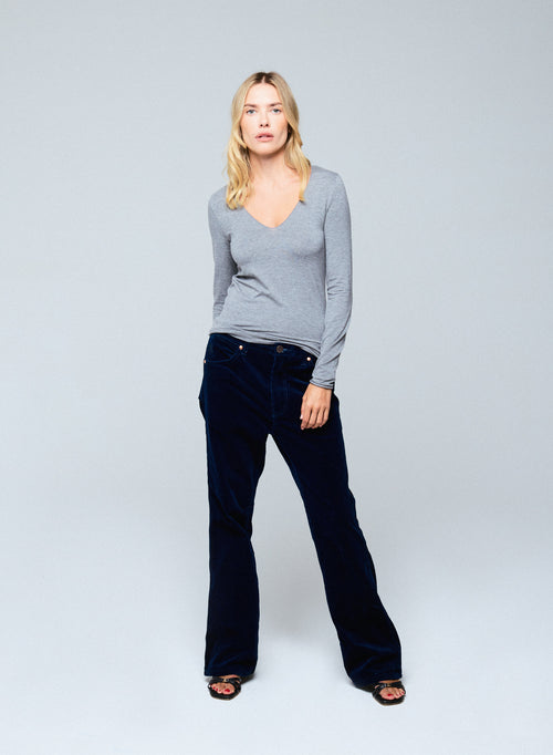 Camiseta de manga larga con cuello de pico gris en viscosa / elastano - MAJESTIC FILATURES