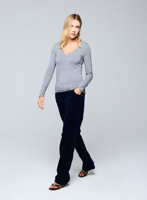 Camiseta de manga larga con cuello de pico gris en viscosa / elastano - MAJESTIC FILATURES