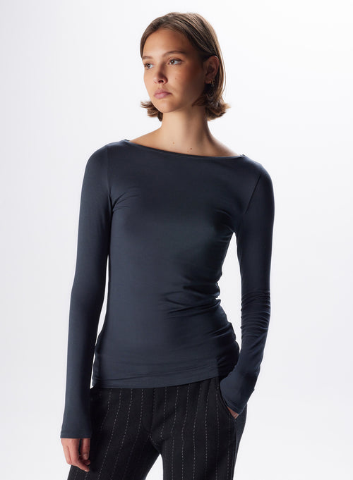 "Viscose / Elastane Boatneck Long Sleeve T-Shirt" - MAJESTIC FILATURES