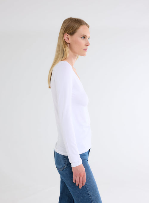 Camiseta blanca de manga larga con cuello en V de viscosa y elastano - MAJESTIC FILATURES