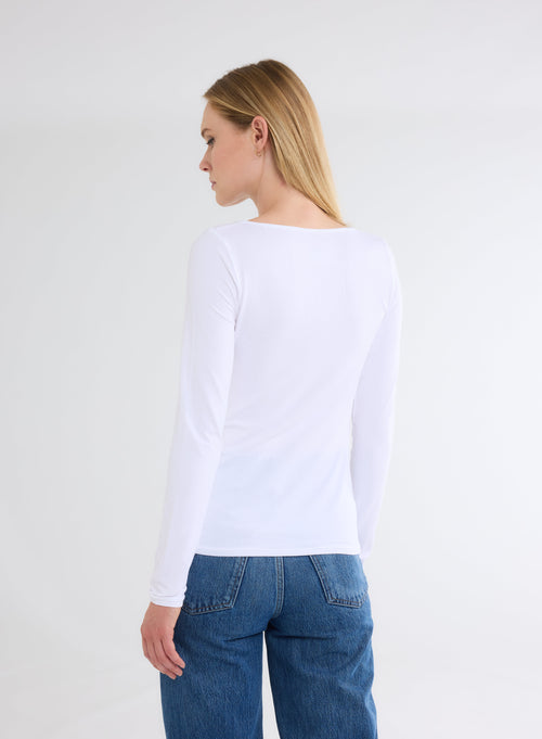 Camiseta blanca de manga larga con cuello en V de viscosa y elastano - MAJESTIC FILATURES