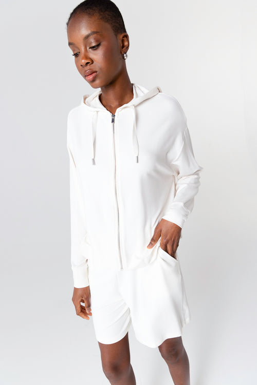 Sudadera blanca de cuello redondo y manga larga de viscosa/elastano - MAJESTIC FILATURES