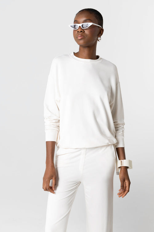 Sudadera blanca de cuello redondo y manga larga de viscosa/elastano - MAJESTIC FILATURES
