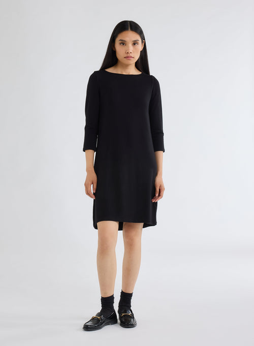 Black Boat Neck Dress with 3/4 Sleeves in Viscose and Elastane - MAJESTIC FILATURES