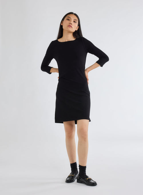 Black Boat Neck Dress with 3/4 Sleeves in Viscose and Elastane - MAJESTIC FILATURES