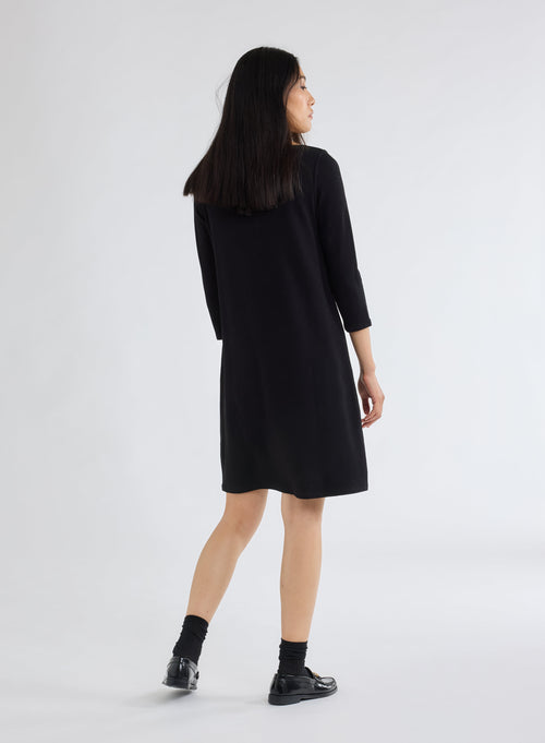 Black Boat Neck Dress with 3/4 Sleeves in Viscose and Elastane - MAJESTIC FILATURES