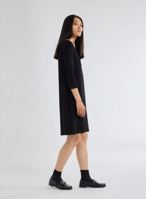 Black Boat Neck Dress with 3/4 Sleeves in Viscose and Elastane - MAJESTIC FILATURES