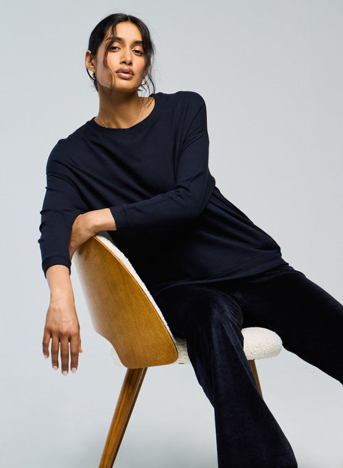 Sweat Marine Col Rond Manches Longues en Viscose / Elasthanne - MAJESTIC FILATURES