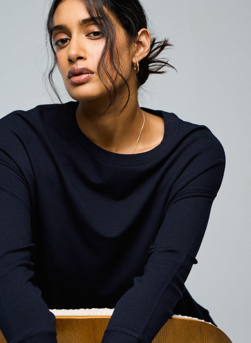 Navy Sweatshirt Round Neck Long Sleeves in Viscose / Elastane - MAJESTIC FILATURES