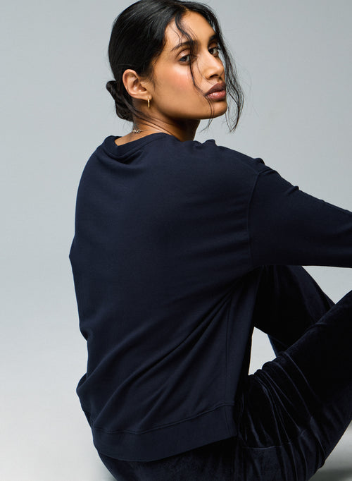 Navy Sweatshirt Round Neck Long Sleeves in Viscose / Elastane - MAJESTIC FILATURES