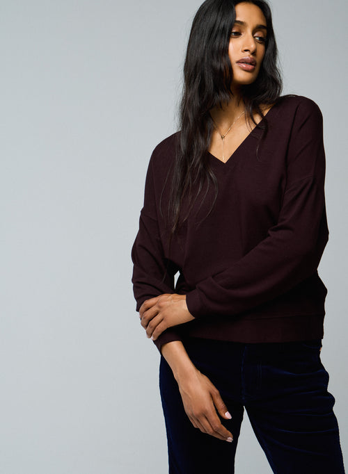 Sweat Aubergine Col V Manches Longues en Viscose / Elasthanne - MAJESTIC FILATURES