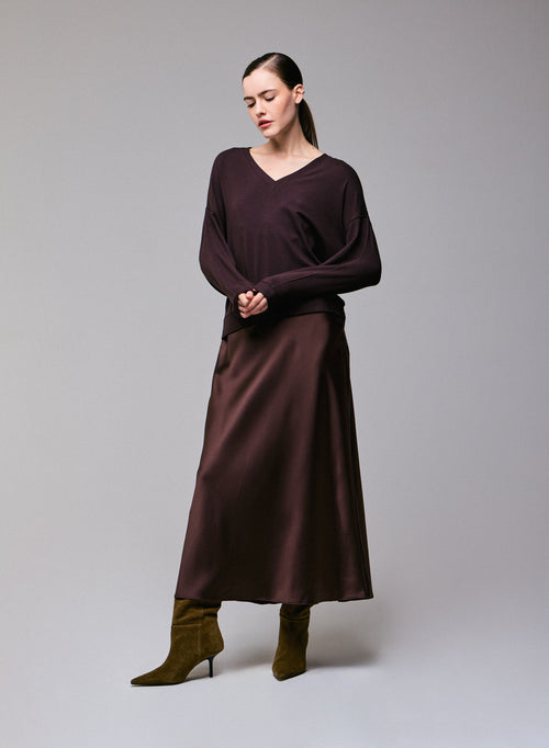 Sweat Marron Col V Manches Longues en Viscose / Elasthanne - MAJESTIC FILATURES