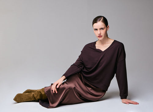 Sweat Marron Col V Manches Longues en Viscose / Elasthanne - MAJESTIC FILATURES