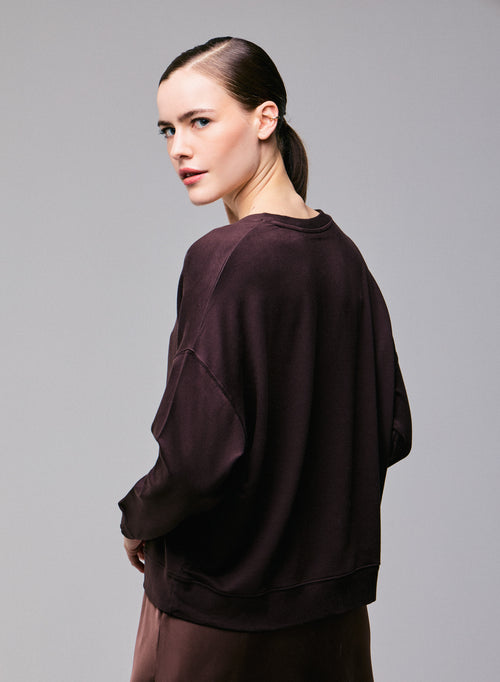 Sweat Marron Col V Manches Longues en Viscose / Elasthanne - MAJESTIC FILATURES