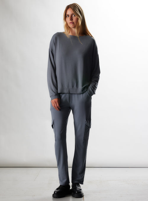 Sweaters Bleu grisé Col Bateau Manches Longues en Viscose / Elasthanne - MAJESTIC FILATURES