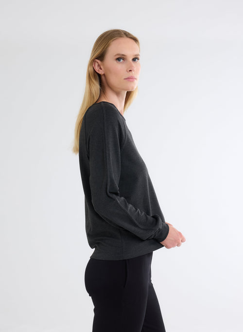 Grey Boat Neck Long Sleeve T-shirt in Viscose and Elastane - MAJESTIC FILATURES