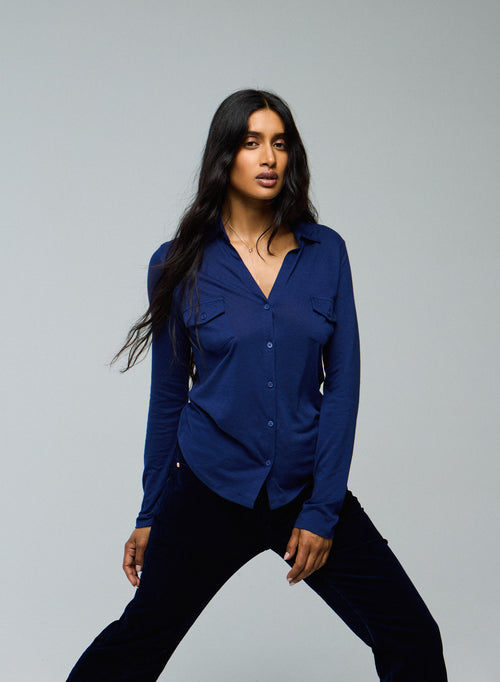 Camisa azul Camisa de manga larga en algodón orgánico / cachemir - MAJESTIC FILATURES