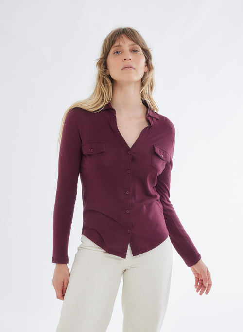 Chemise Violette Manches Longues en Coton et Cachemire - MAJESTIC FILATURES