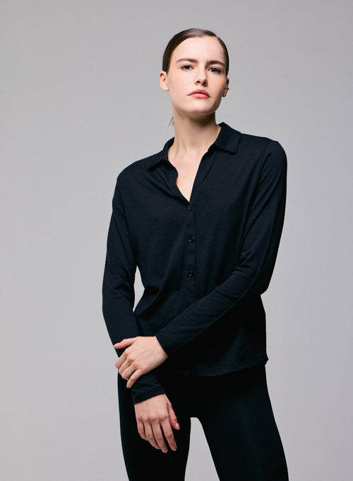 Chemise Noir Chemise Manches Longues en Coton Organique / Cachemire - MAJESTIC FILATURES