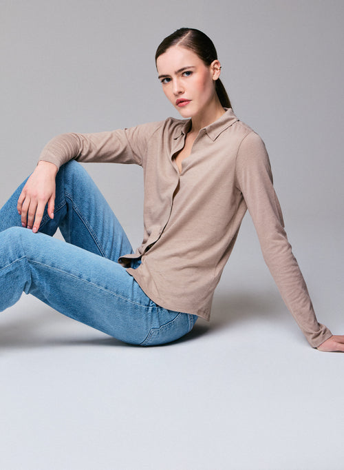 Beige Shirt Langarmshirt aus Bio-Baumwolle / Kaschmir - MAJESTIC FILATURES