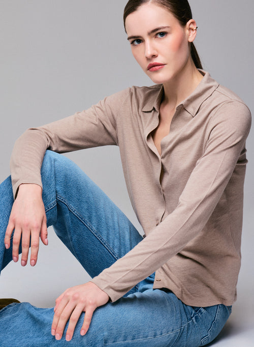 Beige Shirt Langarmshirt aus Bio-Baumwolle / Kaschmir - MAJESTIC FILATURES