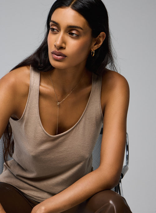 Débardeur Beige Col U Sans Manches en Coton / Cachemire - MAJESTIC FILATURES