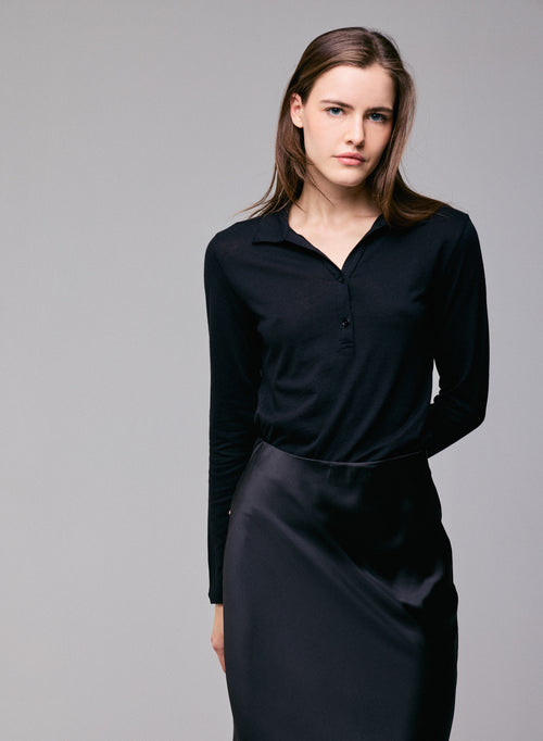 Polo negro de manga larga en algodón / cachemira - MAJESTIC FILATURES