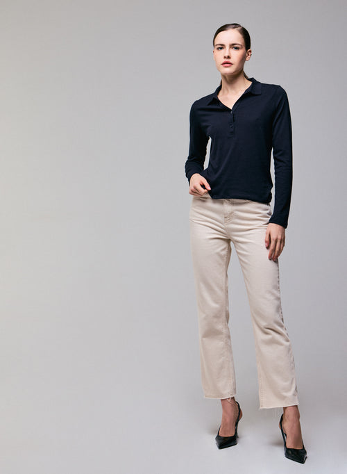 Marineblaues Poloshirt Langärmeliges Poloshirt aus Baumwolle / Kaschmir - MAJESTIC FILATURES