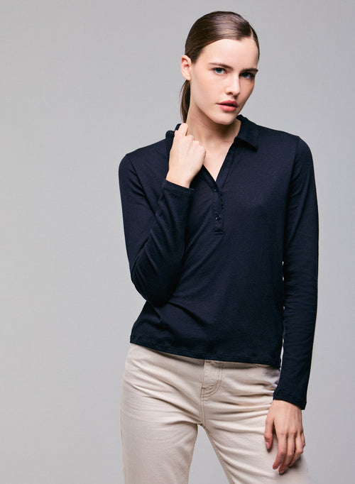 Marineblaues Poloshirt Langärmeliges Poloshirt aus Baumwolle / Kaschmir - MAJESTIC FILATURES