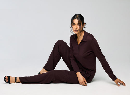 Polo de manga larga berenjena de algodón / cachemir - MAJESTIC FILATURES