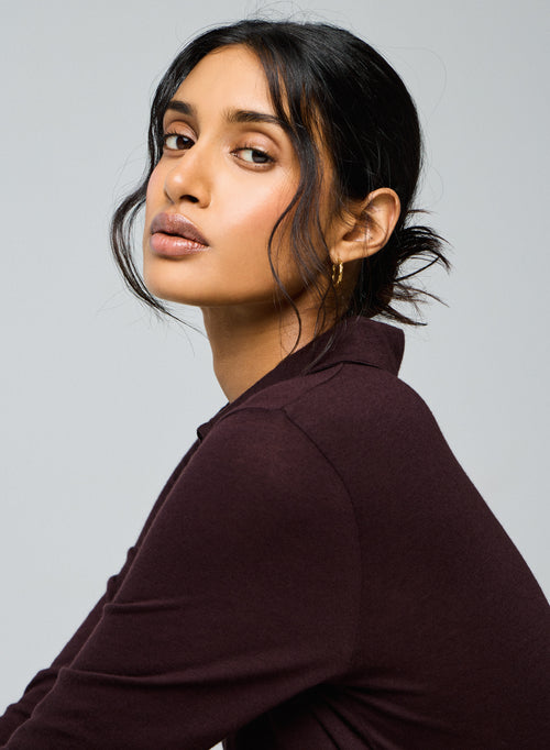 Polo de manga larga berenjena de algodón / cachemir - MAJESTIC FILATURES