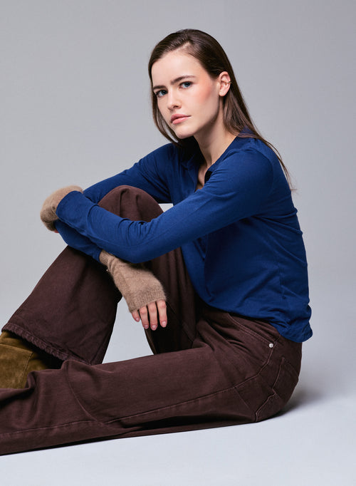 Polo Bleu Polo Manches Longues en Coton / Cachemire - MAJESTIC FILATURES