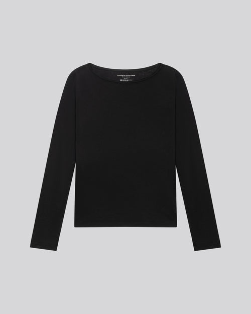 T-shirt Noir Col Bateau Manches Longues en Coton Organique / Cachemire - MAJESTIC FILATURES