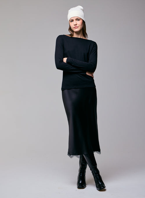 T-shirt Noir Col Bateau Manches Longues en Coton Organique / Cachemire - MAJESTIC FILATURES