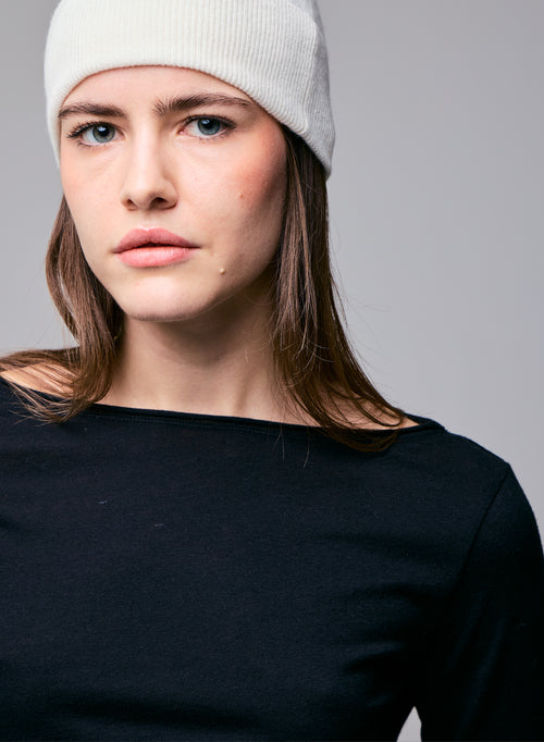 T-shirt Noir Col Bateau Manches Longues en Coton Organique / Cachemire - MAJESTIC FILATURES