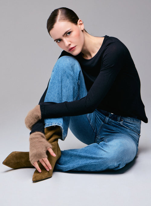 T-shirt Noir Col Rond Manches Longues en Coton et Cachemire - MAJESTIC FILATURES