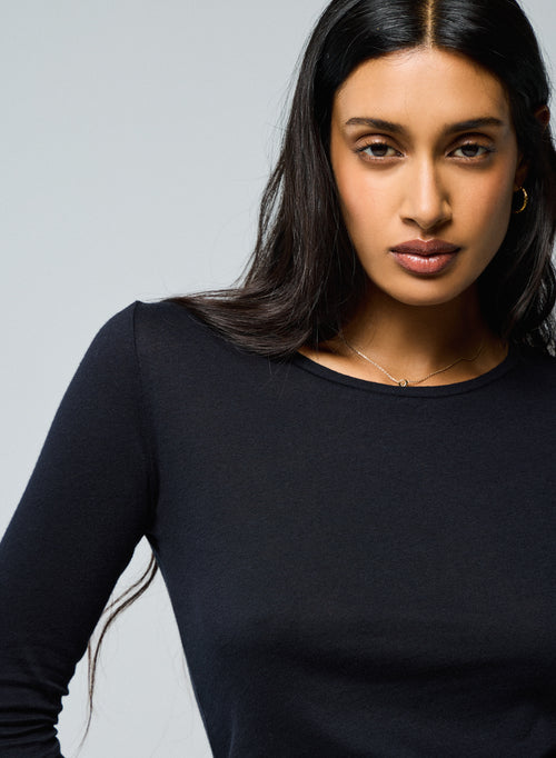 Navy blue Round Neck Long Sleeves T-shirt in Cotton and Cashmere   - MAJESTIC FILATURES
