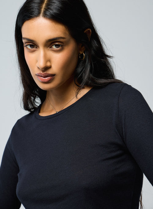 Navy blue Round Neck Long Sleeves T-shirt in Cotton and Cashmere   - MAJESTIC FILATURES