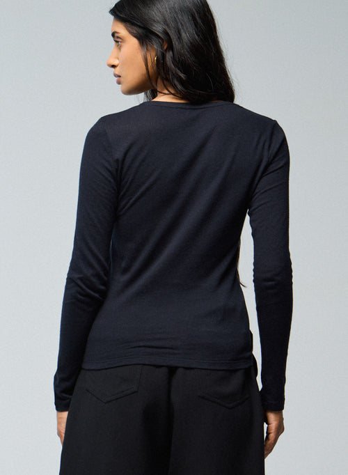 Navy blue Round Neck Long Sleeves T-shirt in Cotton and Cashmere   - MAJESTIC FILATURES