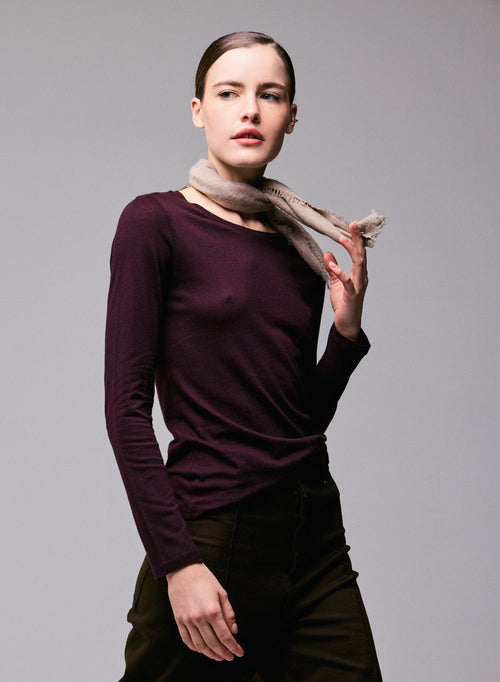 T-shirt Violet Col Rond Manches Longues en Coton Organique et Cachemire - MAJESTIC FILATURES