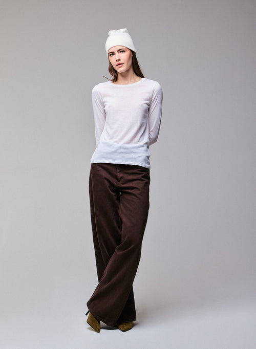 T-shirt Blanc Col Rond Manches Longues en Coton Organique et Cachemire - MAJESTIC FILATURES